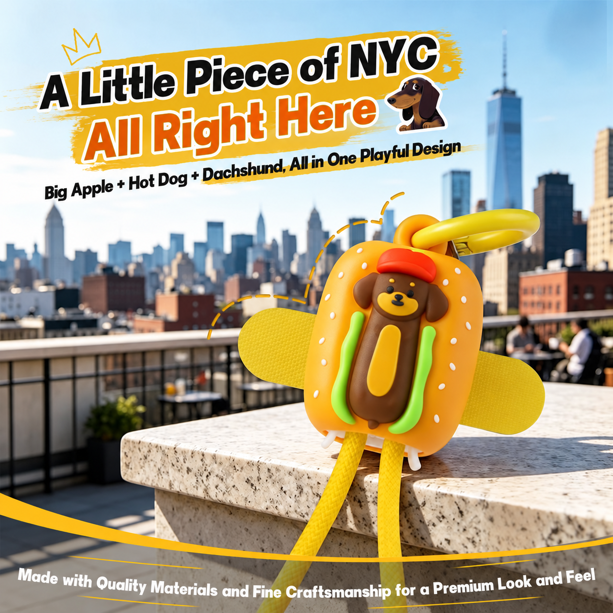 New York Souvenir Design Hot Dog Dachshund 60W Fast Charging Cable Wrist Strap Phone Charm USB C to USB C 34cm Braided Short 60W Fast Charging Cable