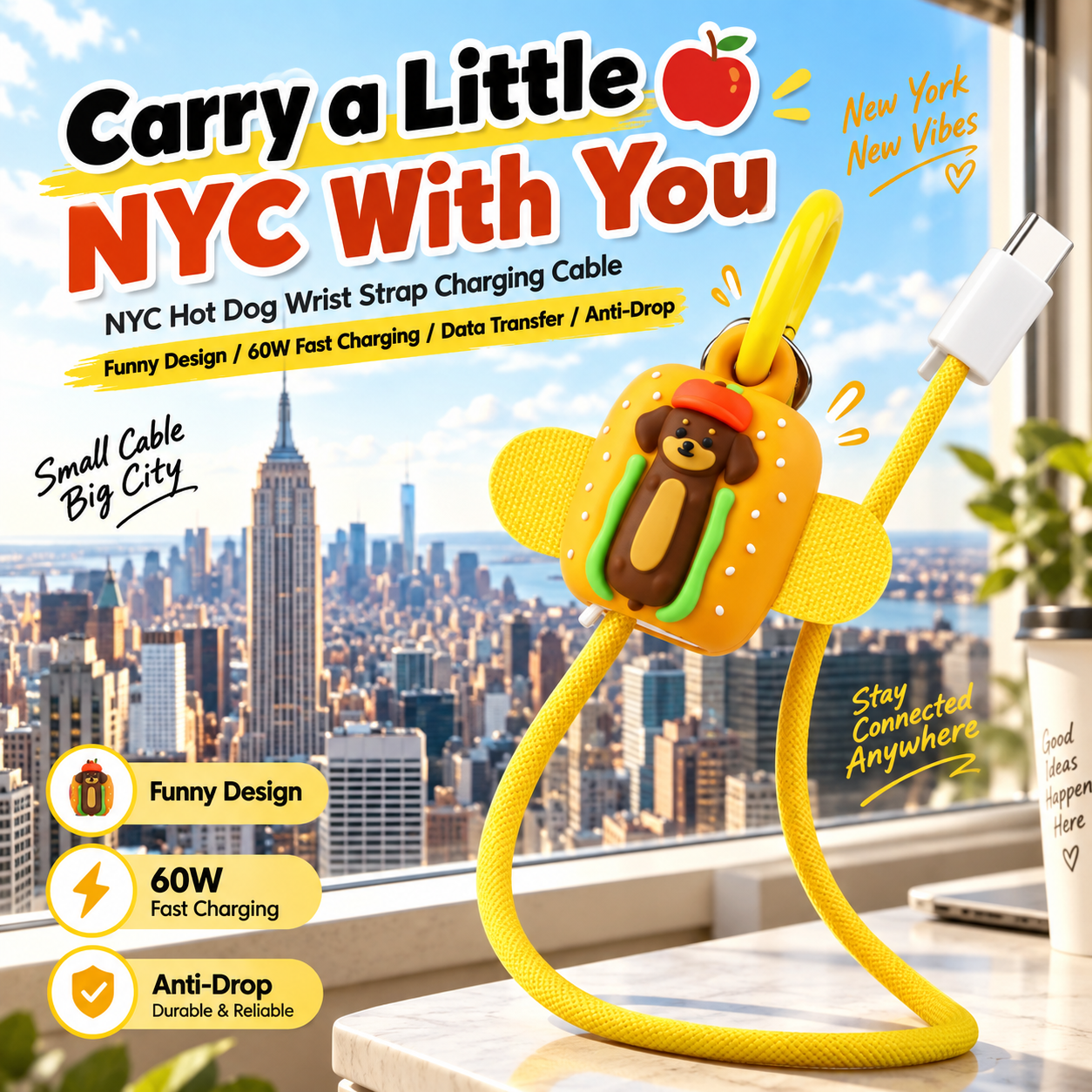 New York Souvenir Design Hot Dog Dachshund 60W Fast Charging Cable Wrist Strap Phone Charm USB C to USB C 34cm Braided Short 60W Fast Charging Cable