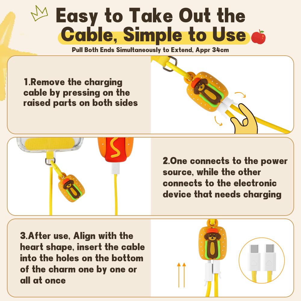New York Souvenir Design Hot Dog Dachshund 60W Fast Charging Cable Wrist Strap Phone Charm USB C to USB C 34cm Braided Short 60W Fast Charging Cable