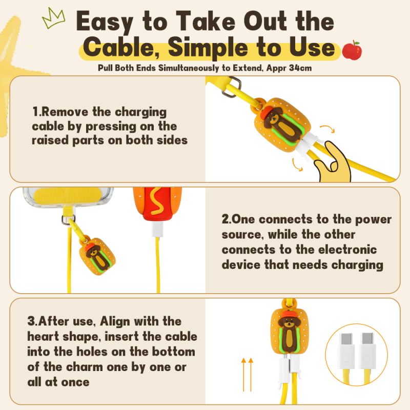 New York Souvenir Design Hot Dog Dachshund 60W Fast Charging Cable Wrist Strap Phone Charm USB C to USB C 34cm Braided Short 60W Fast Charging Cable