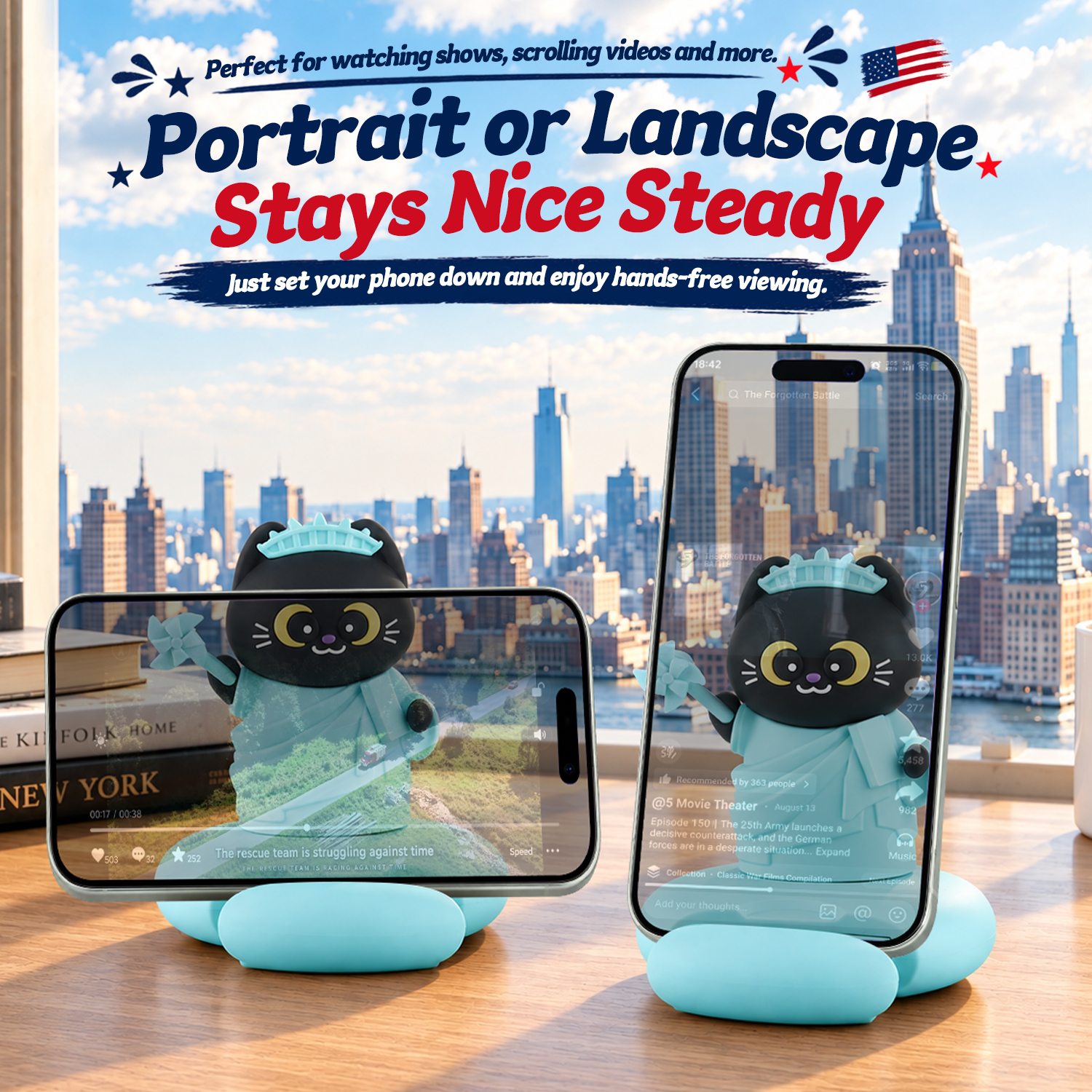Custom Souvenir New York Statue of Liberty Cat Phone Stand PVC Desktop Ornament Cartoon Desktop Black Cat Mobile Phone Stand
