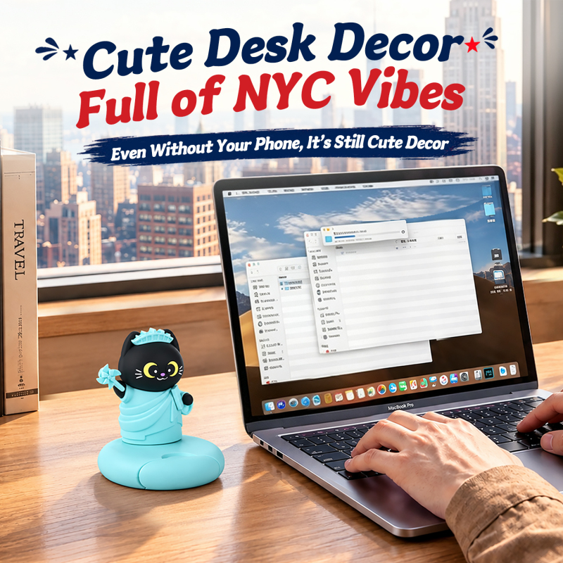 Custom Souvenir New York Statue of Liberty Cat Phone Stand PVC Desktop Ornament Cartoon Desktop Black Cat Mobile Phone Stand