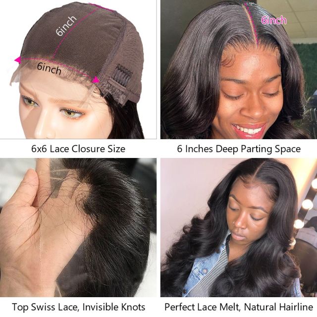 Laborhair Body Wave Lace Closure Wigs 6x6 Pre Plucked Remy Human Hair Wigs Full Ends 180% Density