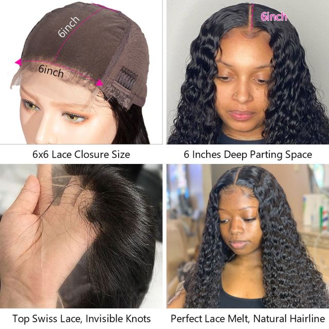 Laborhair 6x6 Pre Plucked Curly Weave Lace Front Wigs Virgin Human Hair Lace Closure Wigs for Full Head 180% Density