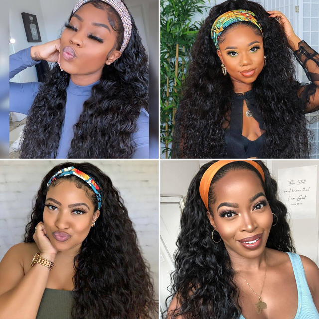 Laborhair Human Hair Headband Wig Water Wave 150% Silk Scarf Headband Half Wigs with Comfort Adjustable Elastic Wig Band