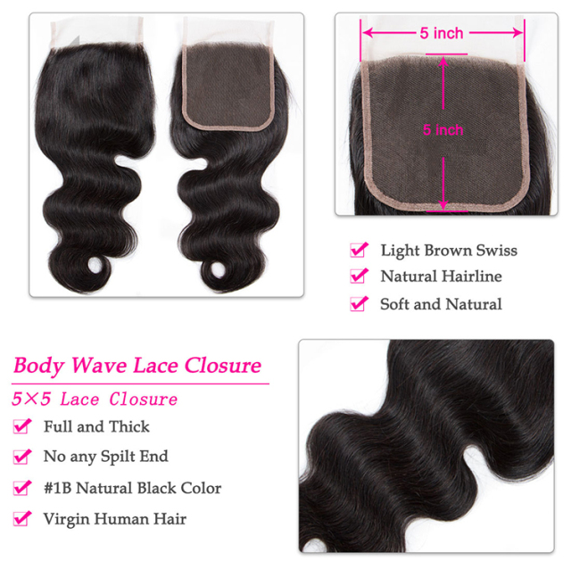 5×5 Lace Closure With Bundles Brazilian Body Wave Virgin Human Hair Deals
