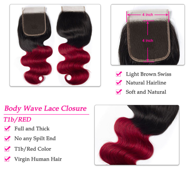 1B/Red Brazilian Body Wave 3 Bundles with Closure for Full Head Sale