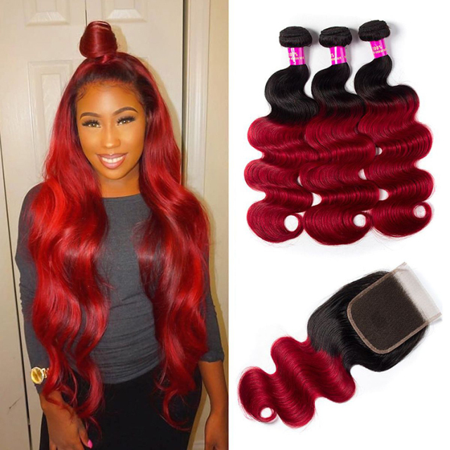 1B/Red Brazilian Body Wave 3 Bundles with Closure for Full Head Sale