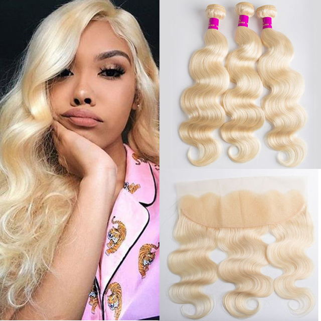 Labor hair Brazilian blonde bundle hair with lace frontal closure color 613 blonde body wave 3 bundles with frontal closure