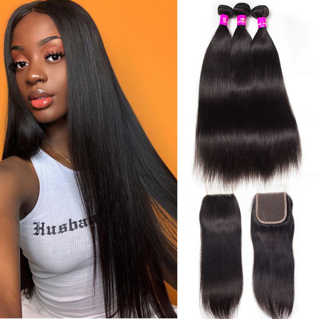 Labor Hair Brazilian Straight Human Hair 3 Bundles With Closure Mink Brazilian Virgin Hair Straight With Closure