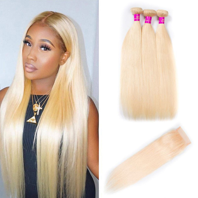 Labor Hair 613 Hair Bundles Brazilian Blonde Hair 3 Bundles Straight With Closure