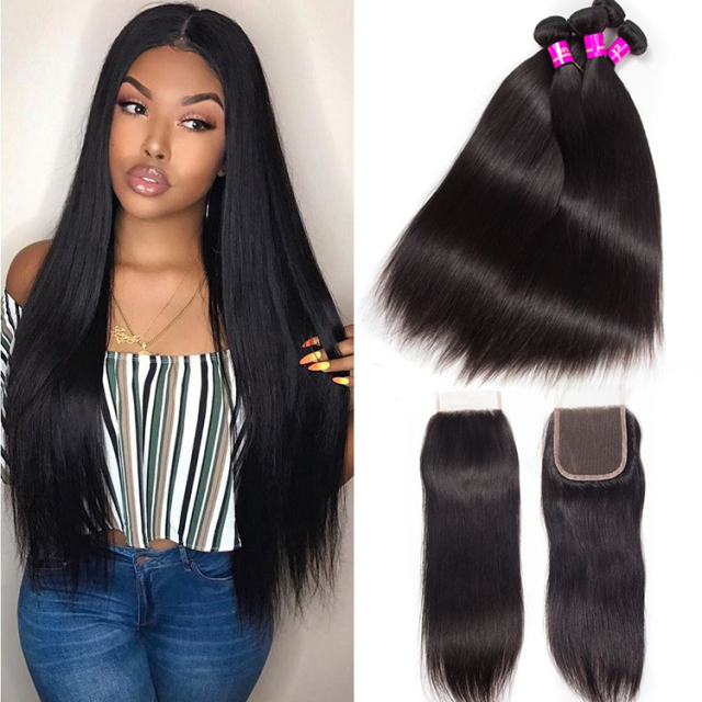 Labor Hair Peruvian Straight Human Hair 4 Bundles With Closure Mink Peruvian Virgin Hair Straight With Closure