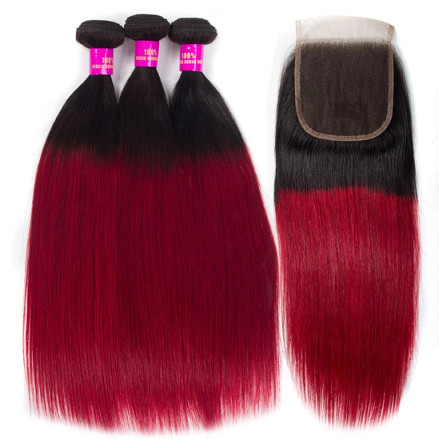 T1b/Burgundy Hair 3 Bundles with Closure Red Brazilian Straight Virgin Human Hair