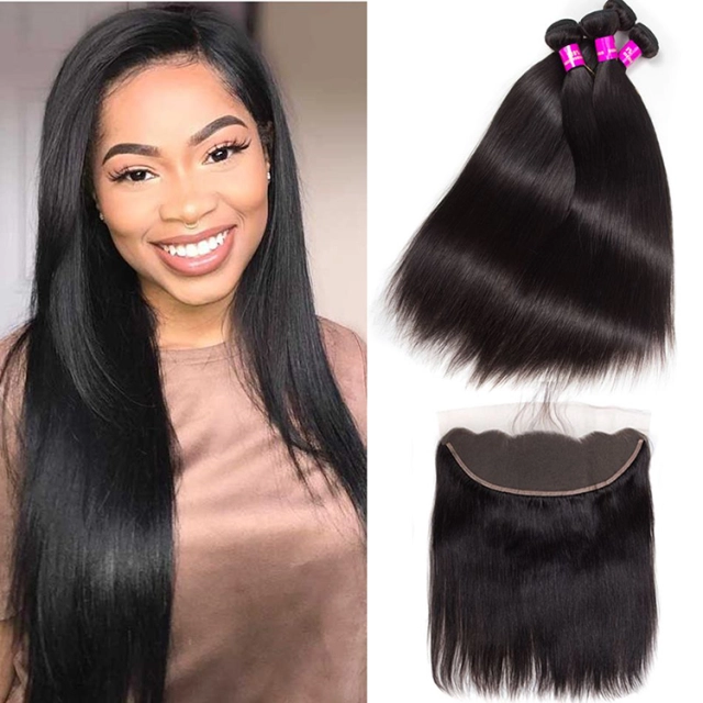 Labor Hair Malaysian Straight Human Hair 4 Bundles With Frontal 4 Bundles Silk Straight With Frontal Closure