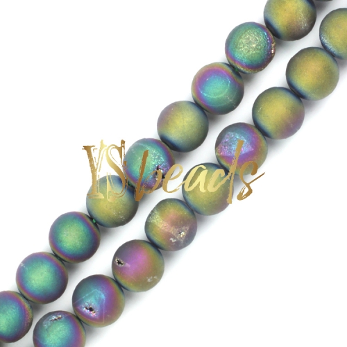 Rainbow Plated Agate Matte/Frosted Rounds with Druzy, 6-12mm