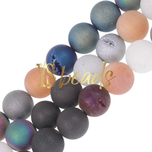 Plated Mixed-color Agate Matte/Frosted Rounds with Druzy, 6-12mm