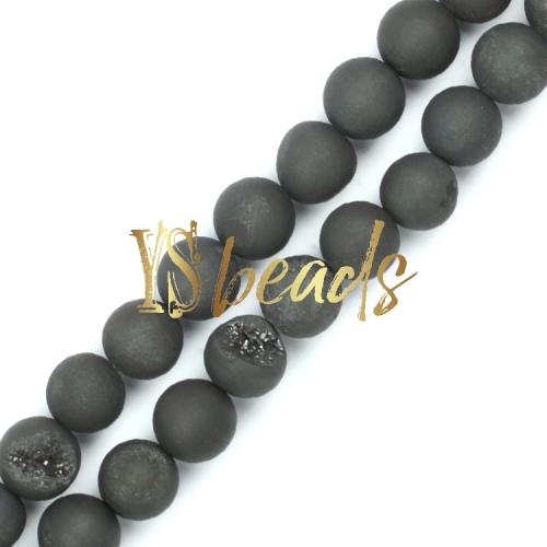 Black Plated Agate Matte/Frosted Rounds with Druzy, 6-12mm
