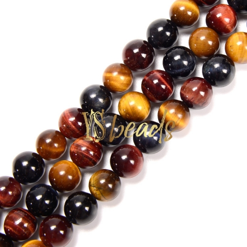3Colors Tiger Eye Plain Rounds, Yellow+Red+Dark Blue, Approx 4-12mm
