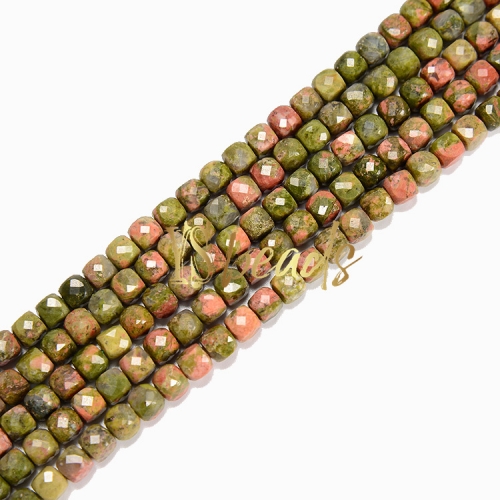 Unakite Faceted Cubes, Approx 4mm