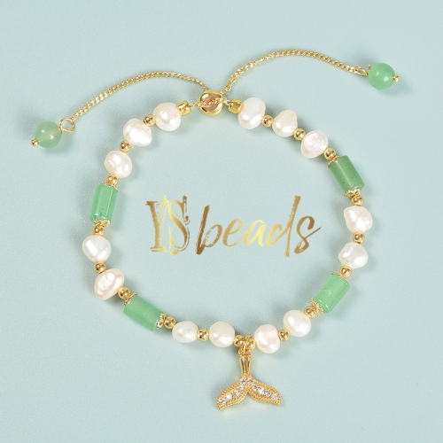 Mixed Stones (Green Aventurine, Pearls) Adjustable Bracelet, Approx 5x8mm