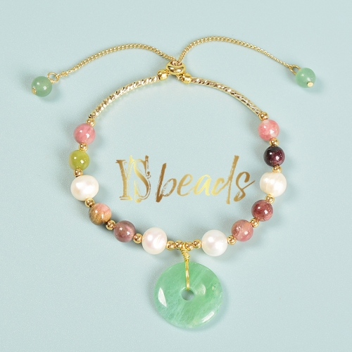 Mixed Stones (Green Aventurine, Tourmaline, Pearls) Adjustable Bracelet, Approx 6mm