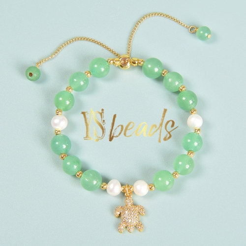 Mixed Stones (Green Aventurine, Pearls) Adjustable Bracelet, Approx 8mm