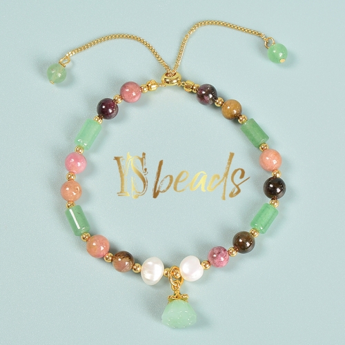 Mixed Stones (Green Aventurine, Tourmaline, Pearls) Adjustable Bracelet, Approx 6mm