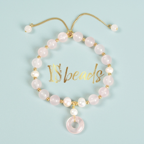 Mixed Stones (Rose Quartz, Pearls) Adjustable Bracelet, Approx 8mm