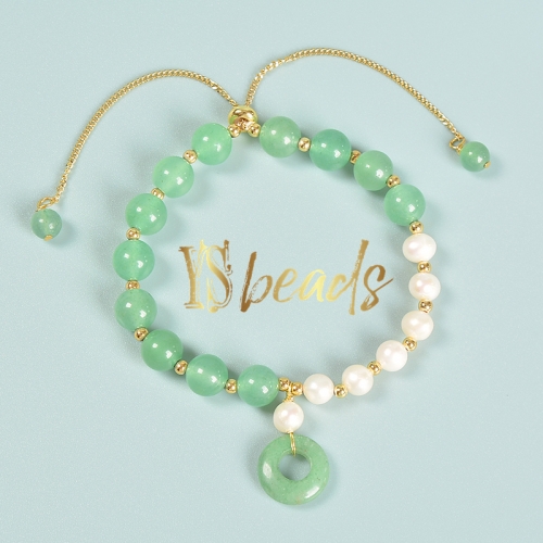 Mixed Stones (Green Aventurine, Pearls) Adjustable Bracelet, Approx 8mm