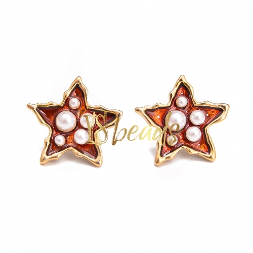 White Shell Bead in Red Star Copper Studs, Approx 19mm