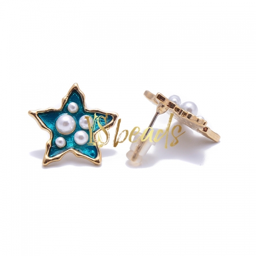 White Shell Bead in Blue Star Copper Studs, Approx 19mm