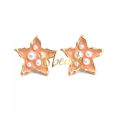 White Shell Bead in Orange Star Copper Studs, Approx 19mm