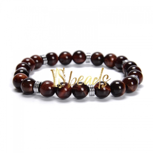 Red Tger Eye Round Bracelet with Hematite Slices, Approx 8mm