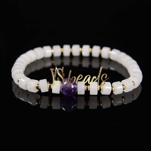 White Jade 3x6mm Heshi Bracelet with 8mm Amethyst