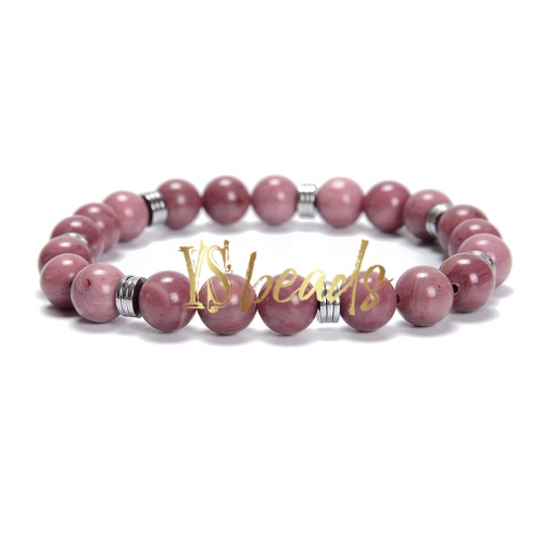Chinese Rhodochrosite Round Bracelet with Hematite Slices, Approx 8mm