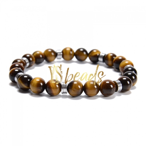 A Grade Tger Eye Round Bracelet with Hematite Slices, Approx 8mm