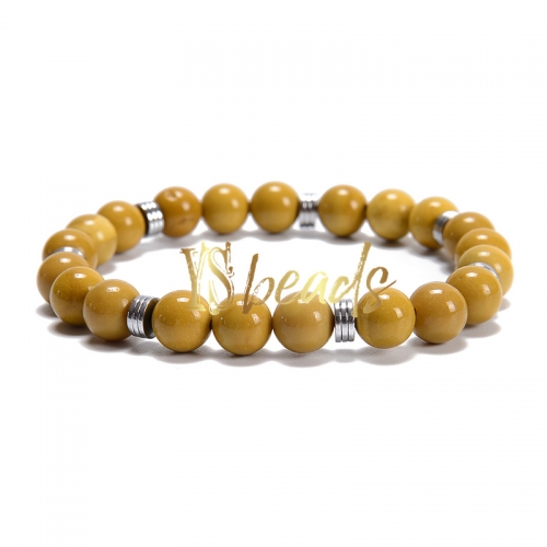 Yellow Mookaite Round Bracelet with Hematite Slices, Approx 8mm