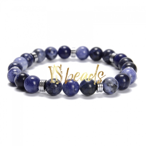 Sodalite Round Bracelet with Hematite Slices, Approx 8mm