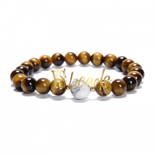 A Grade Tiger Eye 8mm Round Bracelet with 10mm Howlite