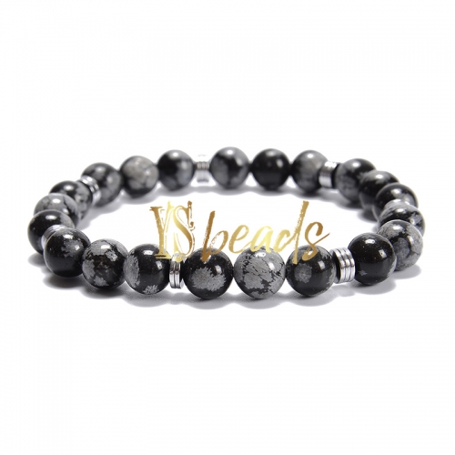 Snowflake Obsidian Round Bracelet with Hematite Slices, Approx 8mm