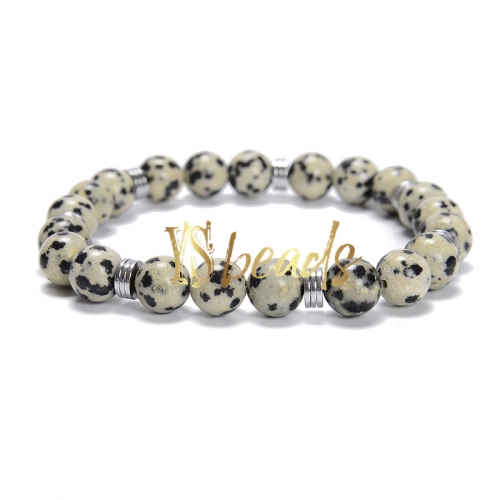 Dalmation Jasper Round Bracelet with Hematite Slices, Approx 8mm