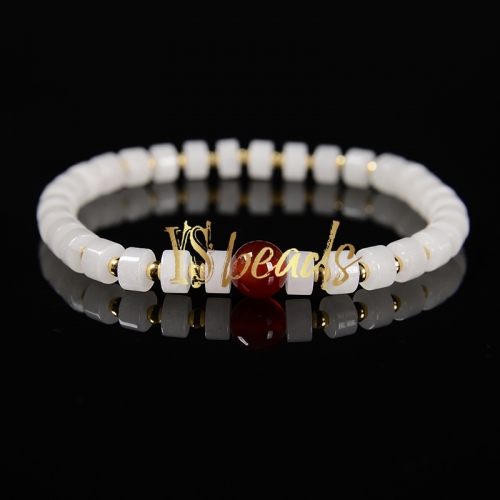 White Jade 3x6mm Heshi Bracelet with 8mm Red Agate