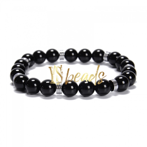 Black Agate Round Bracelet with Hematite Slices, Approx 8mm