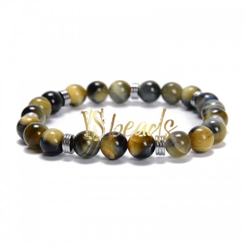 Dream Lucky Tger Eye Round Bracelet with Hematite Slices, Approx 8mm
