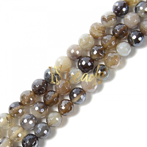Highlight Plated Brown Stripe Agate Faceted Rounds, Approx 6-12mm