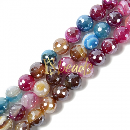 Highlight Plated Mixed Colors Stripe Agate Faceted Rounds, Approx 6-12mm
