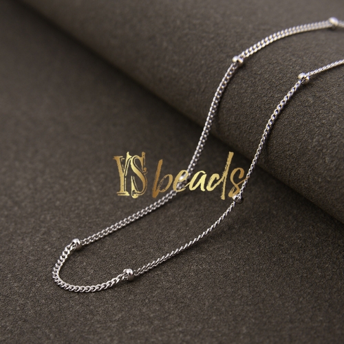 Rhodium Plated S925 Sterling Silver Curb Chain With Bead Knot, Approx 1.7mm, 18inches