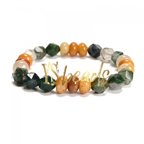 Yellow Jade Rondelles with Moss Agate Diamond-cut Bracelet, Approx 8x10mm