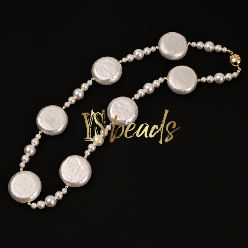 White Shell Pearl Coin&Round Necklace, Approx 45cm Length