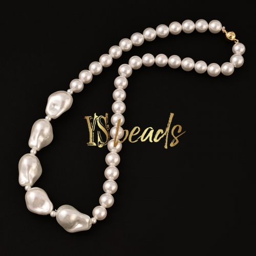 White Shell Pearl Round&Nugget Necklace, Approx 45cm Length